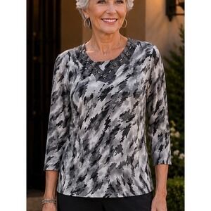 Alfred Dunner Womens Blouse Grey Abstract Embellished V-Neck Large Animal Print